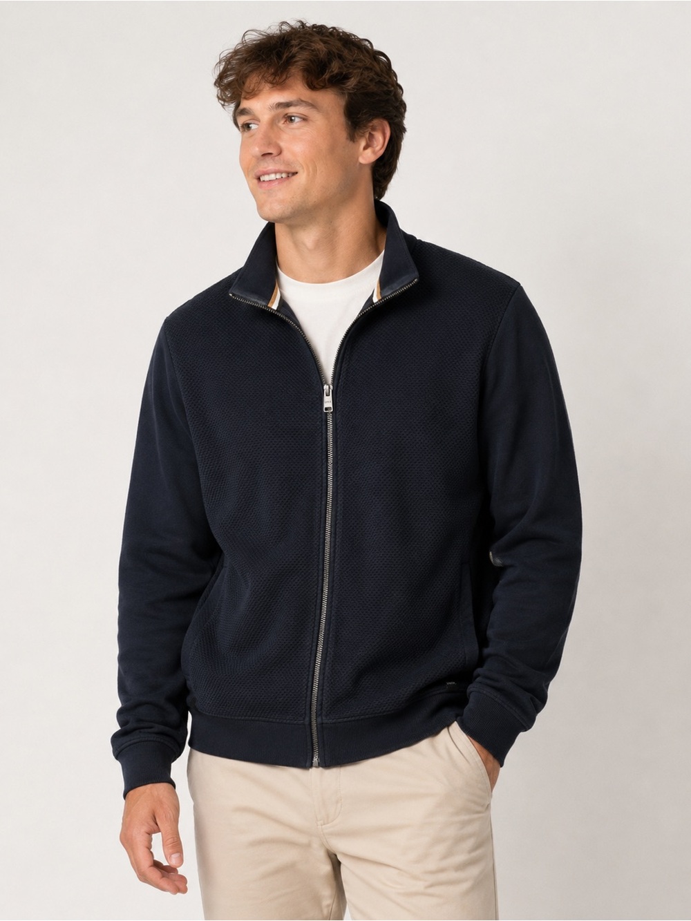 BOSS Hugo Boss Men’s M Navy Textured Full Zip Jacket Mock Neck